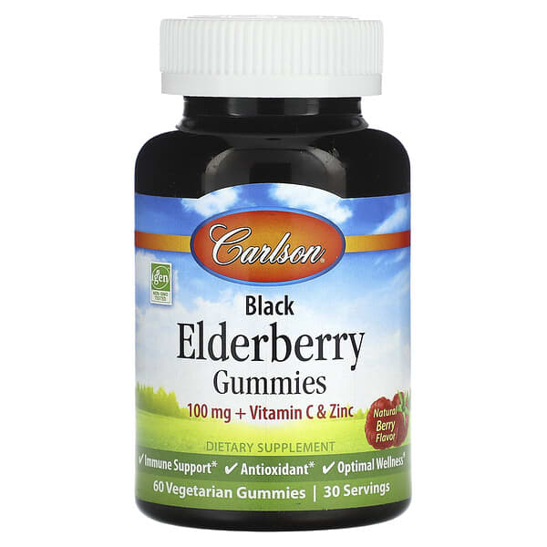 Carlson, Black Elderberry Gummies, Natural Berry, 60 Vegetarian Gummies