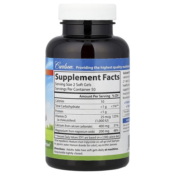 Alternative view of Carlson, Calcium & Magnesium Gels with Vitamin D3, 100 Soft Gels