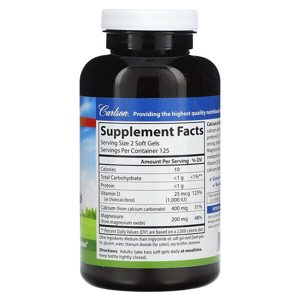 Alternative view of Carlson, Calcium & Magnesium Gels with Vitamin D3, 250 Soft Gels