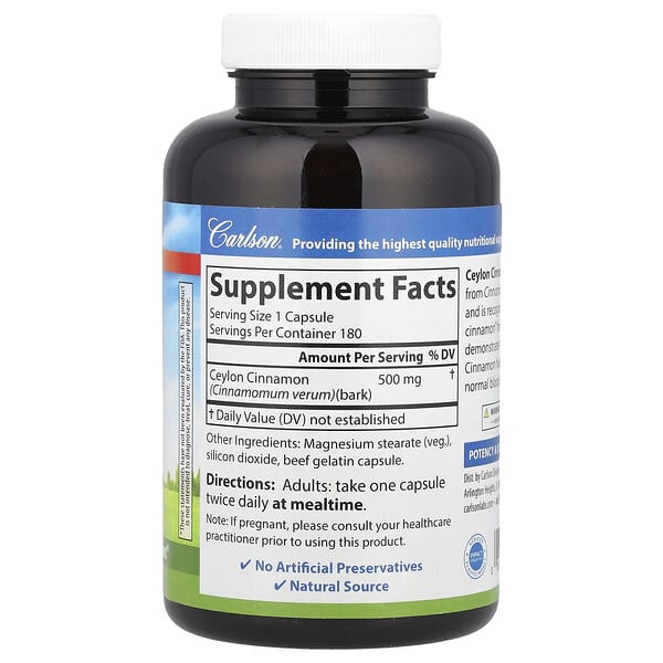 Alternative view of Carlson, Ceylon Cinnamon, 180 Capsules (500 mg per Capsule)
