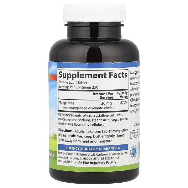Alternative view of Carlson, Chelated Manganese, 20 mg, 250 Tablets