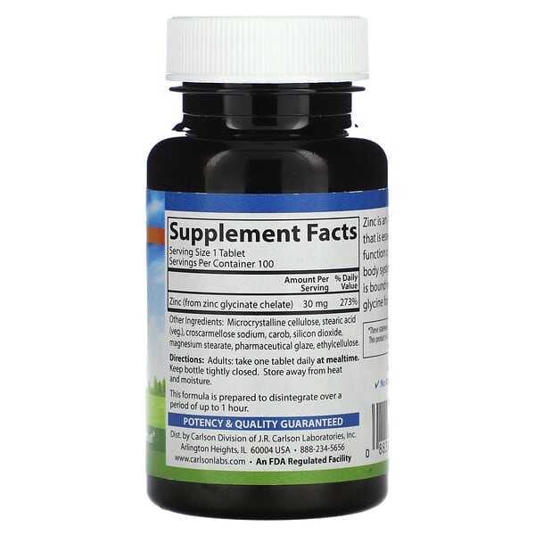 Alternative view of Carlson, Chelated Zinc, 30 mg, 100 Tablets