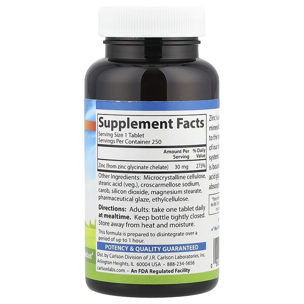 Alternative view of Carlson, Chelated Zinc, 30 mg, 250 Tablets