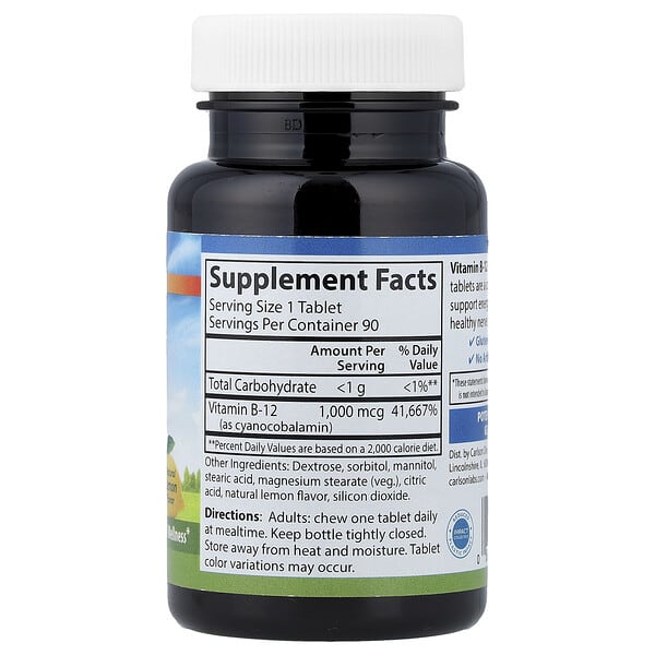 Alternative view of Carlson, Chewable B-12, Natural Lemon, 1,000 mcg, 90  Tablets