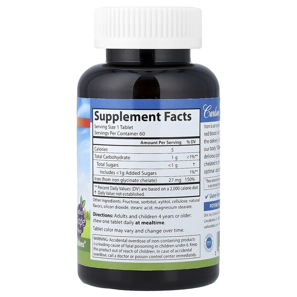 Alternative view of Carlson, Chewable Iron, Natural Grape, 27 mg, 60 Tablets