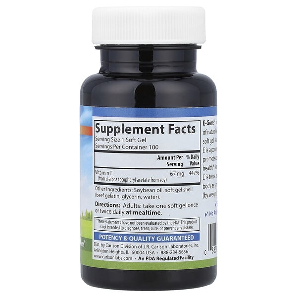 Alternative view of Carlson, E-Gems®, 67 mg (100 IU), 100 Soft Gels