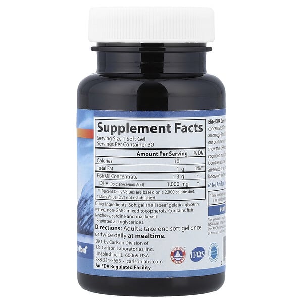 Alternative view of Carlson, Elite DHA Gems, 1,000 mg, 30 Soft Gels