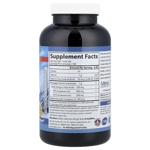 Alternative view of Carlson, Elite Omega-3 Plus D & K, Natural Lemon, 180 Soft Gels