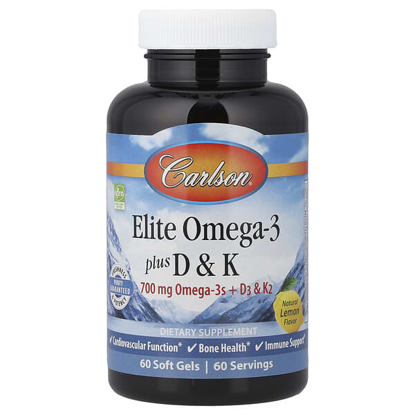 Carlson, Elite Omega-3 Plus D & K, Natural Lemon, 60 Soft Gels