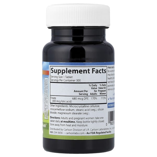 Alternative view of Carlson, Folic Acid, 400 mcg, 300 Vegetarian Tablets