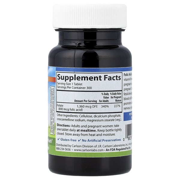 Carlson, Folic Acid, 800 mcg, 300 Vegetarian Tablets 2 Carlson, Folic Acid, 800 mcg, 300 Vegetarian Tablets - Ảnh 2