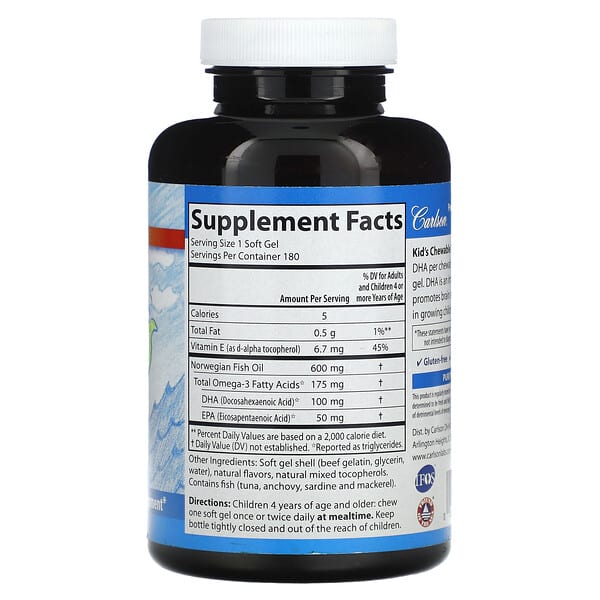 Alternative view of Carlson, Kid's Chewable DHA, Bursting Orange, 100 mg, 180 Soft Gels