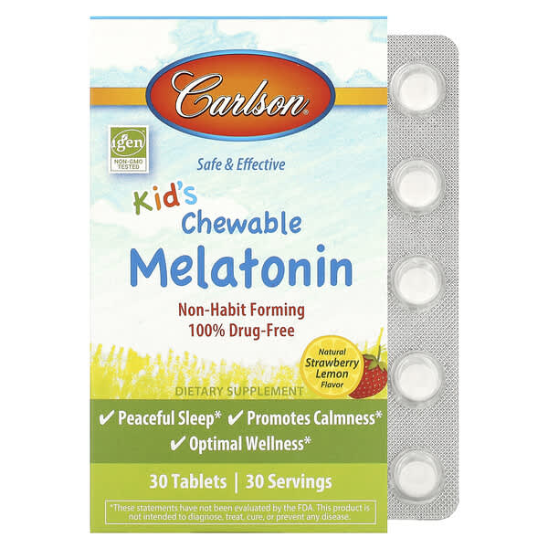 Carlson, Kid's Chewable Melatonin, Strawberry Lemon, 30 Tablets (300 mcg per Tablet)