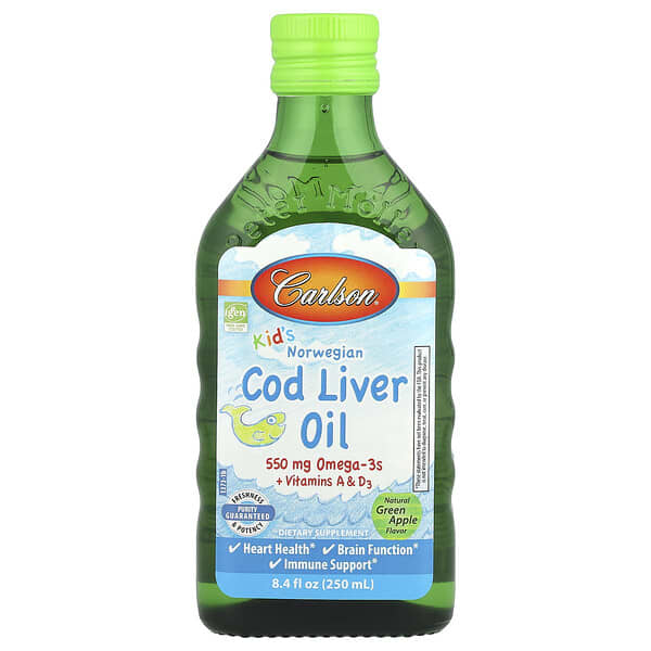 Carlson, Kid's, Norwegian Cod Liver Oil, Natural Green Apple, 8.4 fl oz (250 ml)