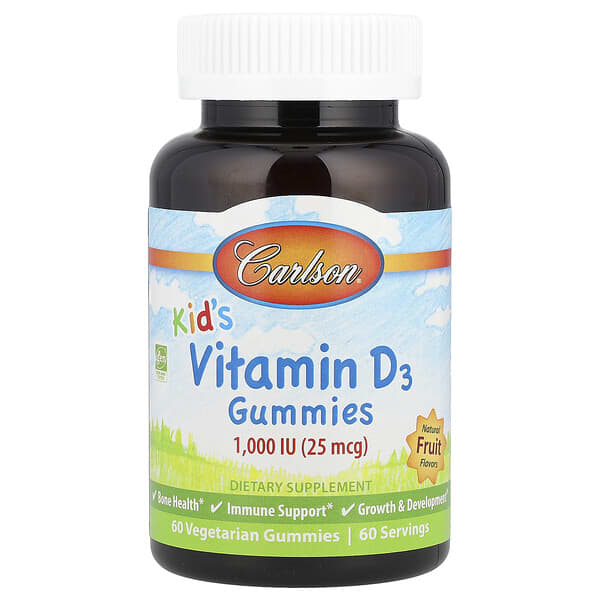 Carlson, Kid's, Vitamin D3 Gummies, Natural Fruit, 25 mcg (1,000 IU), 60 Vegetarian Gummies