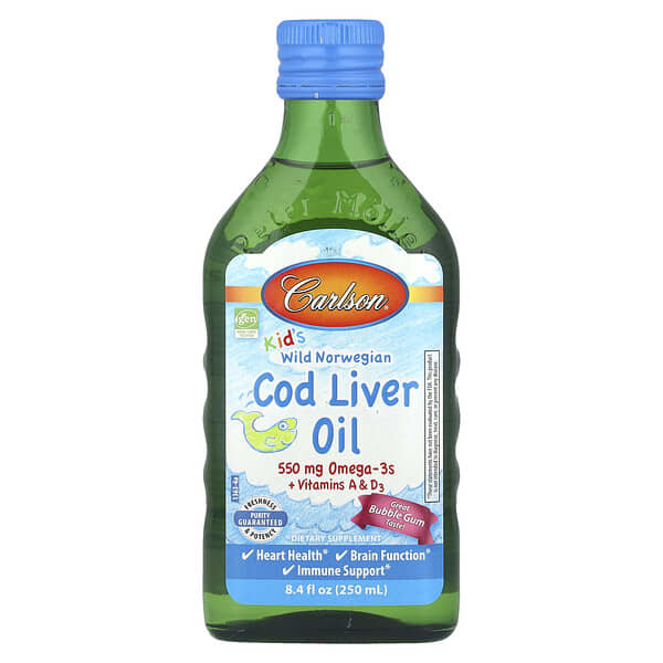 Carlson, Kid's Wild Norwegian, Cod Liver Oil + Vitamins A & D3, Bubble Gum, 8.4 fl oz (250 ml)