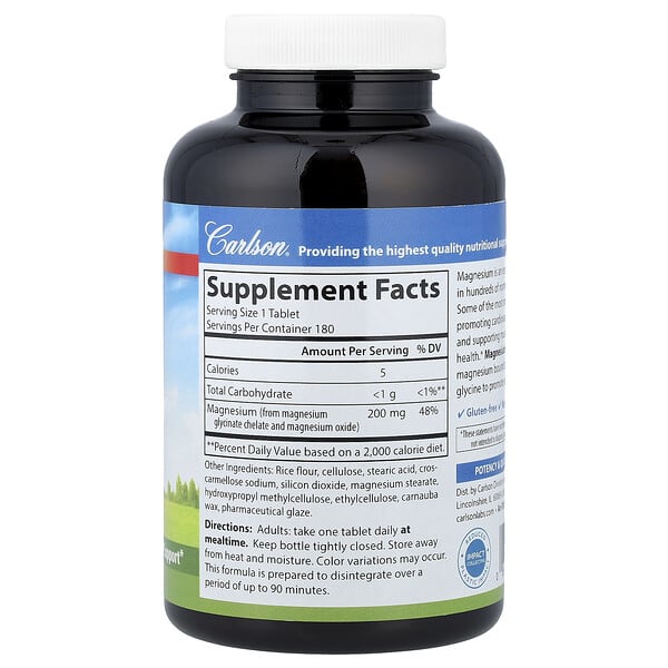 Alternative view of Carlson, Magnesium Glycinate, 200 mg, 180 Tablets