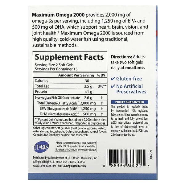 Alternative view of Carlson, Maximum Omega 2000, Natural Lemon, 30 Soft Gels (1,000 mg per Soft Gel)
