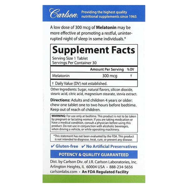 Alternative view of Carlson, Melatonin, Natural Strawberry Lemon, 300 mcg, 30 Tablets