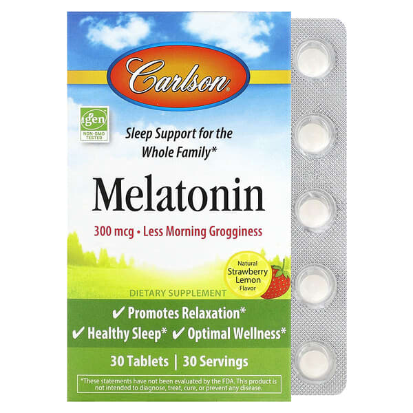 Carlson, Melatonin, Natural Strawberry Lemon, 300 mcg, 30 Tablets