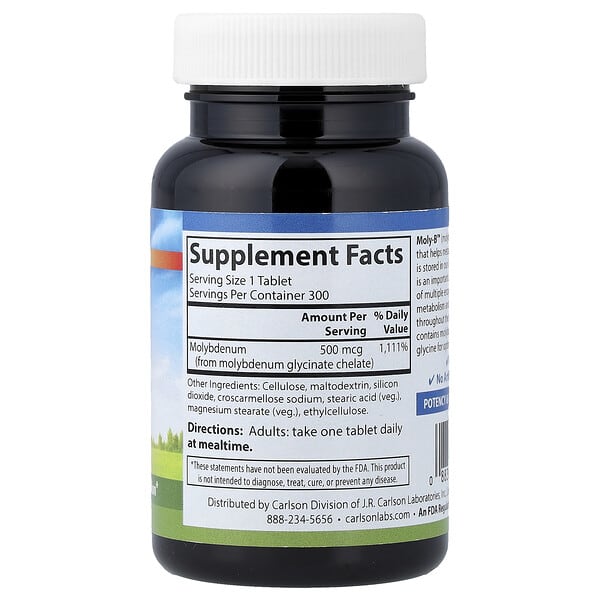 Alternative view of Carlson, Moly-B™,  Chelated Molybdenum, 300 Vegetarian Tablets (500 mcg per Tablet)