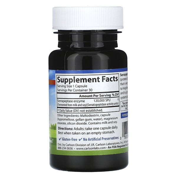 Alternative view of Carlson, Serrapeptase, Delayed Release, 120,000 SPUs, 30 Vegetarian Capsules