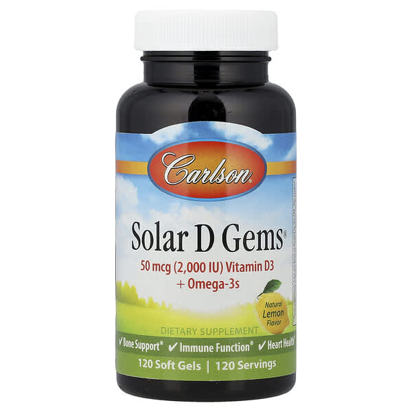 Carlson, Solar D Gems®, Vitamin D3 + Omega-3s, Natural Lemon, 120 Soft Gels