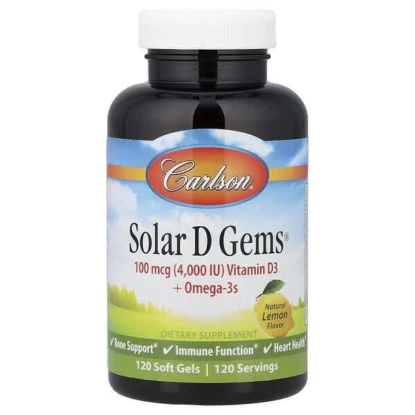 Carlson, Solar D Gems®, Vitamin D3 + Omega-3s, Natural Lemon, 120 Soft Gels