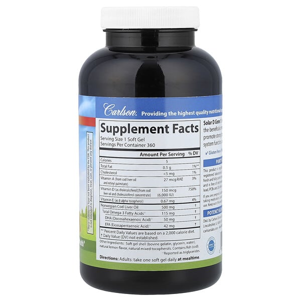Alternative view of Carlson, Solar D Gems® , Vitamin D3 + Omega-3s, Natural Lemon, 360 Soft Gels