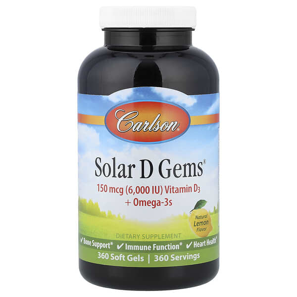 Carlson, Solar D Gems® , Vitamin D3 + Omega-3s, Natural Lemon, 360 Soft Gels