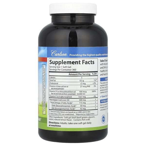 Alternative view of Carlson, Solar D Gems® , Vitamin D3 + Omega-3s, Natural Lemon , 360 Soft Gels