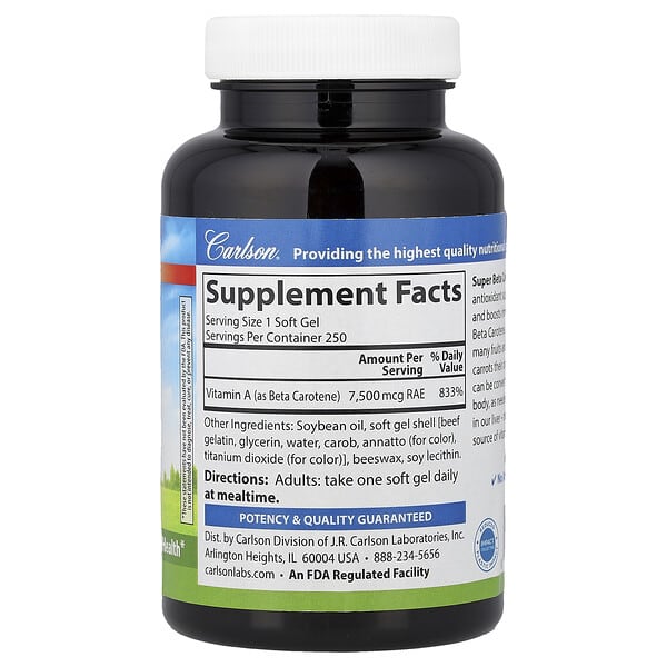 Alternative view of Carlson, Super Beta Carotene, 7,500 mcg RAE (25,000 IU), 250 Soft Gels