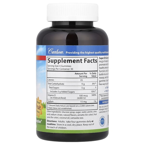 Alternative view of Carlson, Super D3 Gummies,  Natural Fruit, 120 Vegetarian Gummies (25 mcg (1,000 IU) per Gummy)
