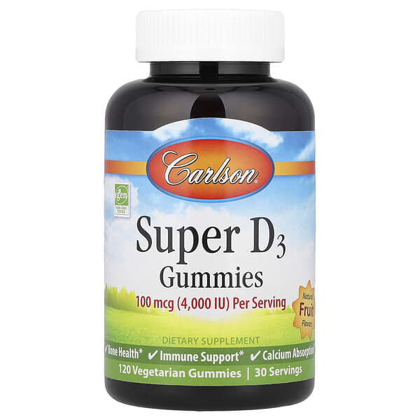 Carlson, Super D3 Gummies,  Natural Fruit, 120 Vegetarian Gummies (25 mcg (1,000 IU) per Gummy)