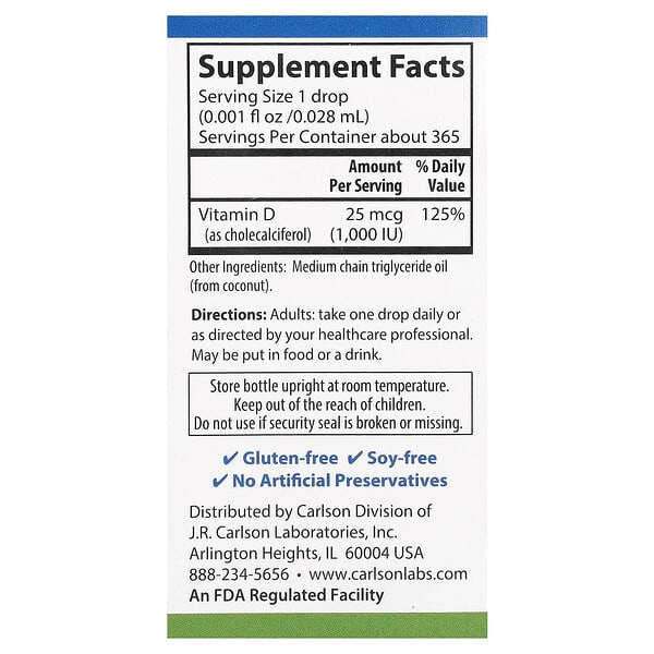 Alternative view of Carlson, Super Daily® D3, 25 mcg (1,000 IU), 0.35 fl oz (10.3 ml)