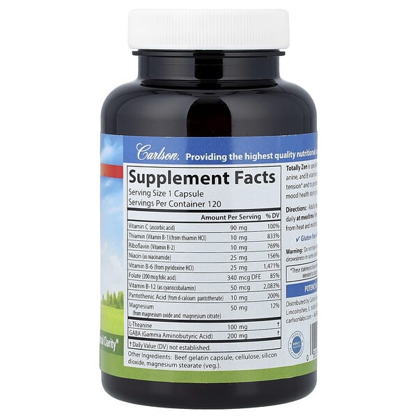 Alternative view of Carlson, Totally Zen with GABA, L-Theanine & B Vitamins, 120 Capsules