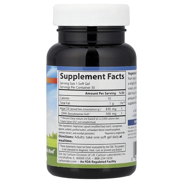 Alternative view of Carlson, Vegetarian DHA, 500 mg, 30 Vegetarian Soft Gels