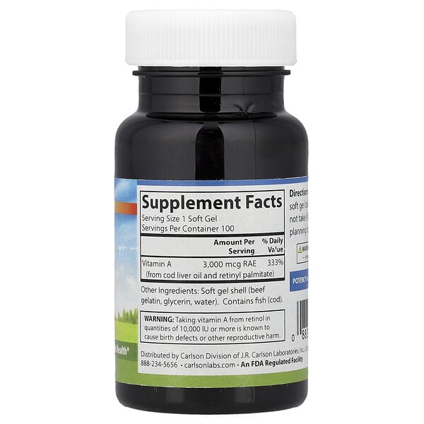 Alternative view of Carlson, Vitamin A, 3,000 mcg RAE (10,000 IU), 100 Soft Gels