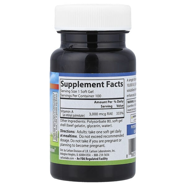 Alternative view of Carlson, Vitamin A, 3,000 mcg RAE (10,000 IU), 100 Soft Gels