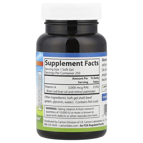 Alternative view of Carlson, Vitamin A, 3,000 mcg RAE (10,000 IU), 250 Soft Gels