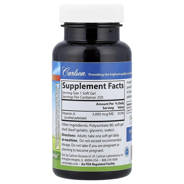 Alternative view of Carlson, Vitamin A, 3,000 mcg RAE (10,000 IU), 250 Soft Gels