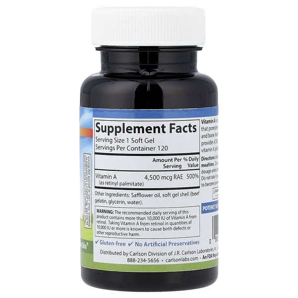 Alternative view of Carlson, Vitamin A, 4,500 mcg RAE (15,000 IU), 120 Soft Gels