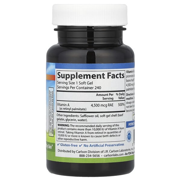 Alternative view of Carlson, Vitamin A, 4,500 mcg RAE (15,000 IU), 240 Soft Gels