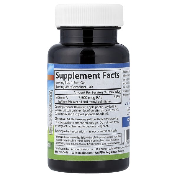 Alternative view of Carlson, Vitamin A, 7,500 mcg RAE (25,000 IU), 100 Soft Gels