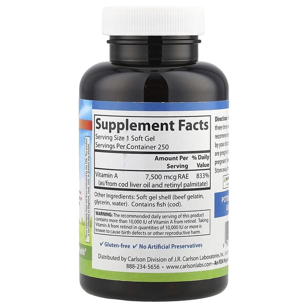 Alternative view of Carlson, Vitamin A, 7,500 mcg RAE (25,000 IU), 250 Soft Gels