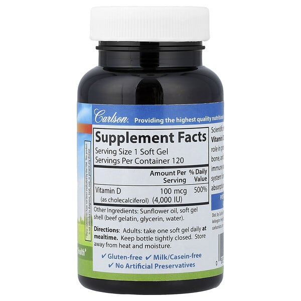Alternative view of Carlson, Vitamin D3, 100 mcg (4,000 IU), 120 Soft Gels