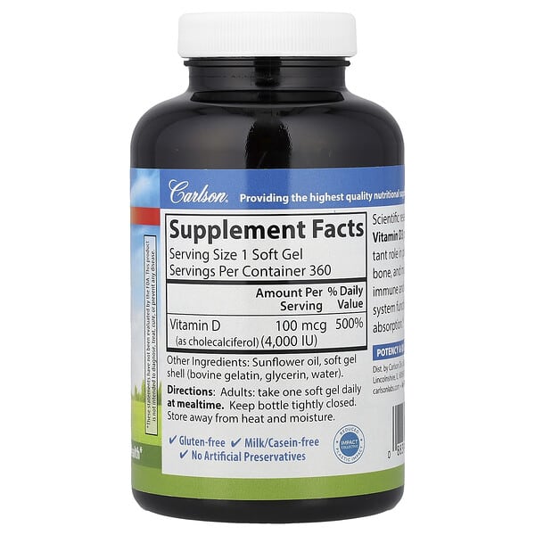 Alternative view of Carlson, Vitamin D3, 100 mcg (4,000 IU), 360 Soft Gels