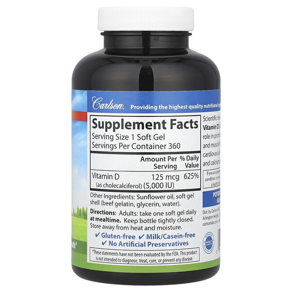 Alternative view of Carlson, Vitamin D3, 125 mcg (5,000 IU), 360 Soft Gels