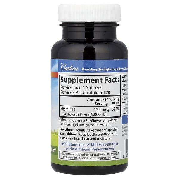 Alternative view of Carlson, Vitamin D3, 125 mg (5,000 IU), 120 Soft Gels