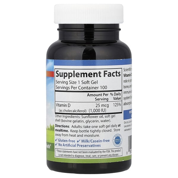 Alternative view of Carlson, Vitamin D3, 25 mcg (1,000 IU), 100 Soft Gels
